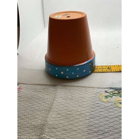 Hand-Painted Clay Flower Pot With Blue Polka Dot Rim & Floral Design - Picture 3 of 6